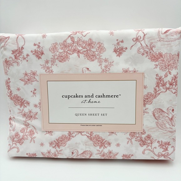 Cupcakes and Cashmere Toile Swan Queen Sheet Set Pink White Floral Print Bedding - Picture 1 of 6